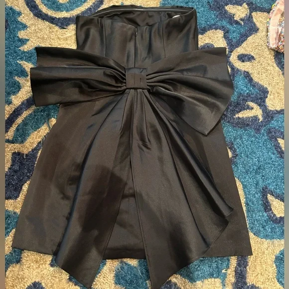 Soiree Hour Black Satin Strapless Bow Mini Dress Soiree Hour Black Satin Strapless Bow Mini Dress